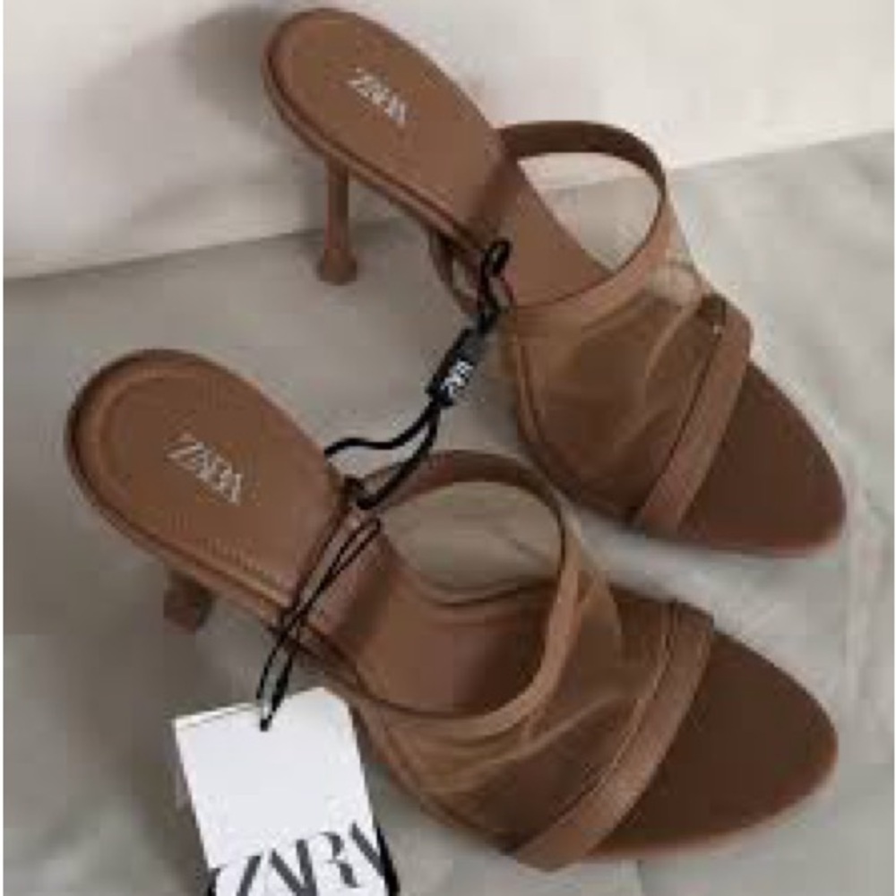 Zara Women's Tan Mesh Heeled Sandal Mules. Brand new, never worn
